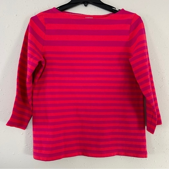Lands’ End Pink Fuschia Boatneck Striped 3/4 Sleeve Blouse Spring Neon Medium - Picture 1 of 5
